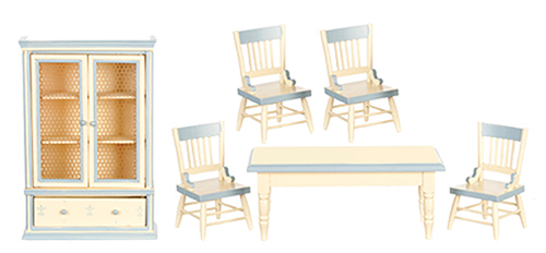 Dining Set, 6 pc., White with Blue Trim